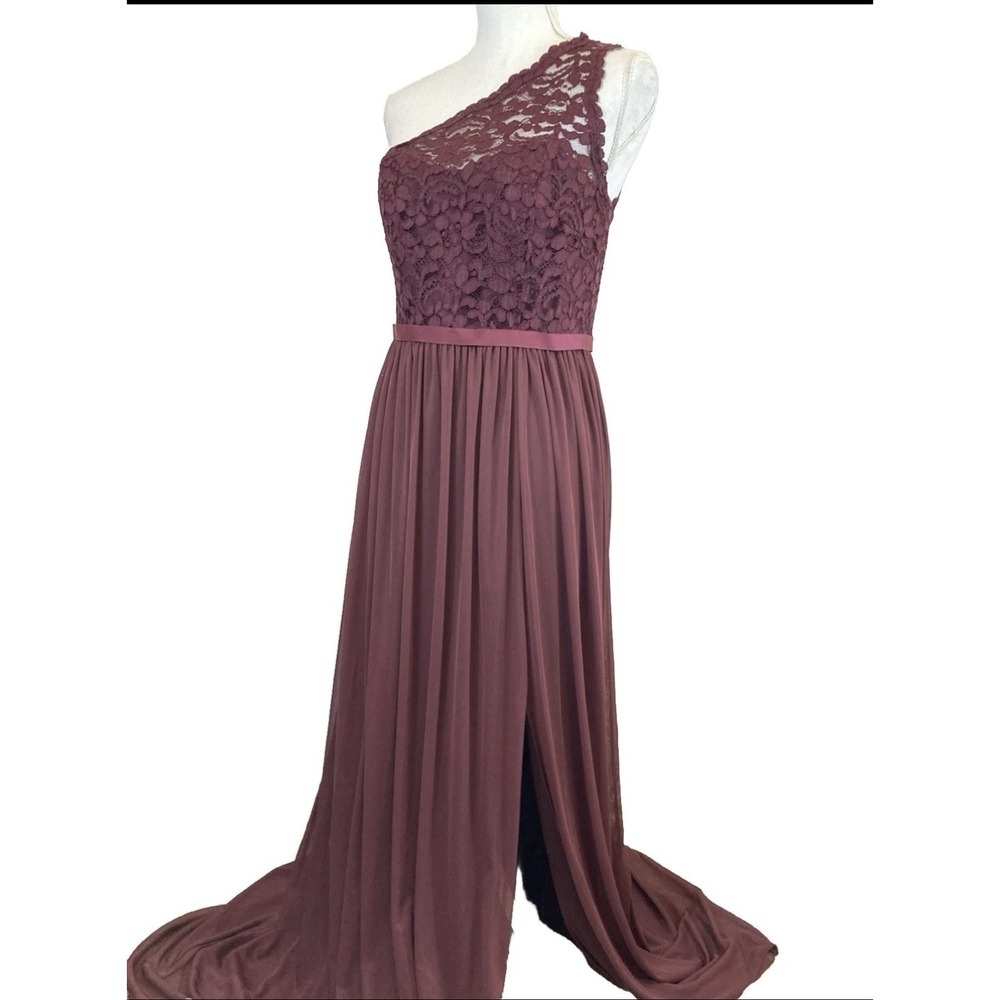 David Bridal Wine Maroon Purple Lace One Shoulder Formal Black Tie Wedding Dress